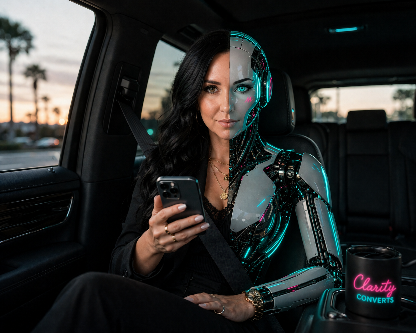Madison in the back of a car, half human, half bot — clarity converts.