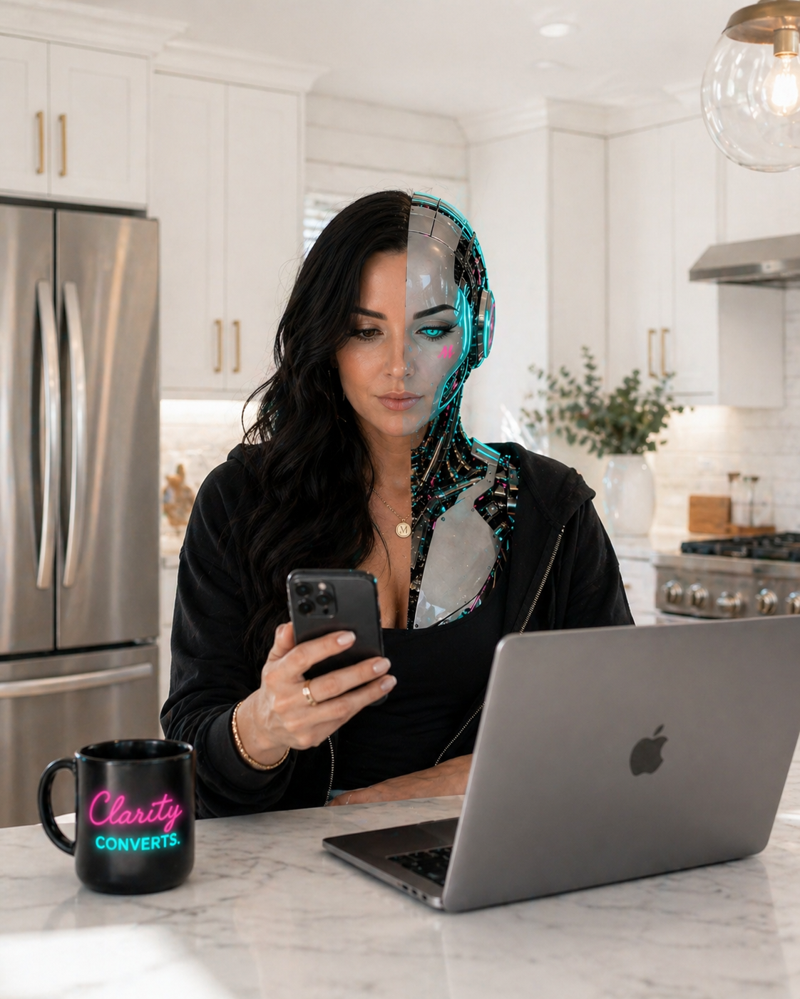 Madison — half human, half AI in the kitchen with a Clarity Converts mug